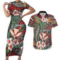 Personalised Hawaii Tribal Humpback Whale Couples Matching Short Sleeve Bodycon Dress and Hawaiian Shirt Ulaula Hibiscus Seamless Pattern