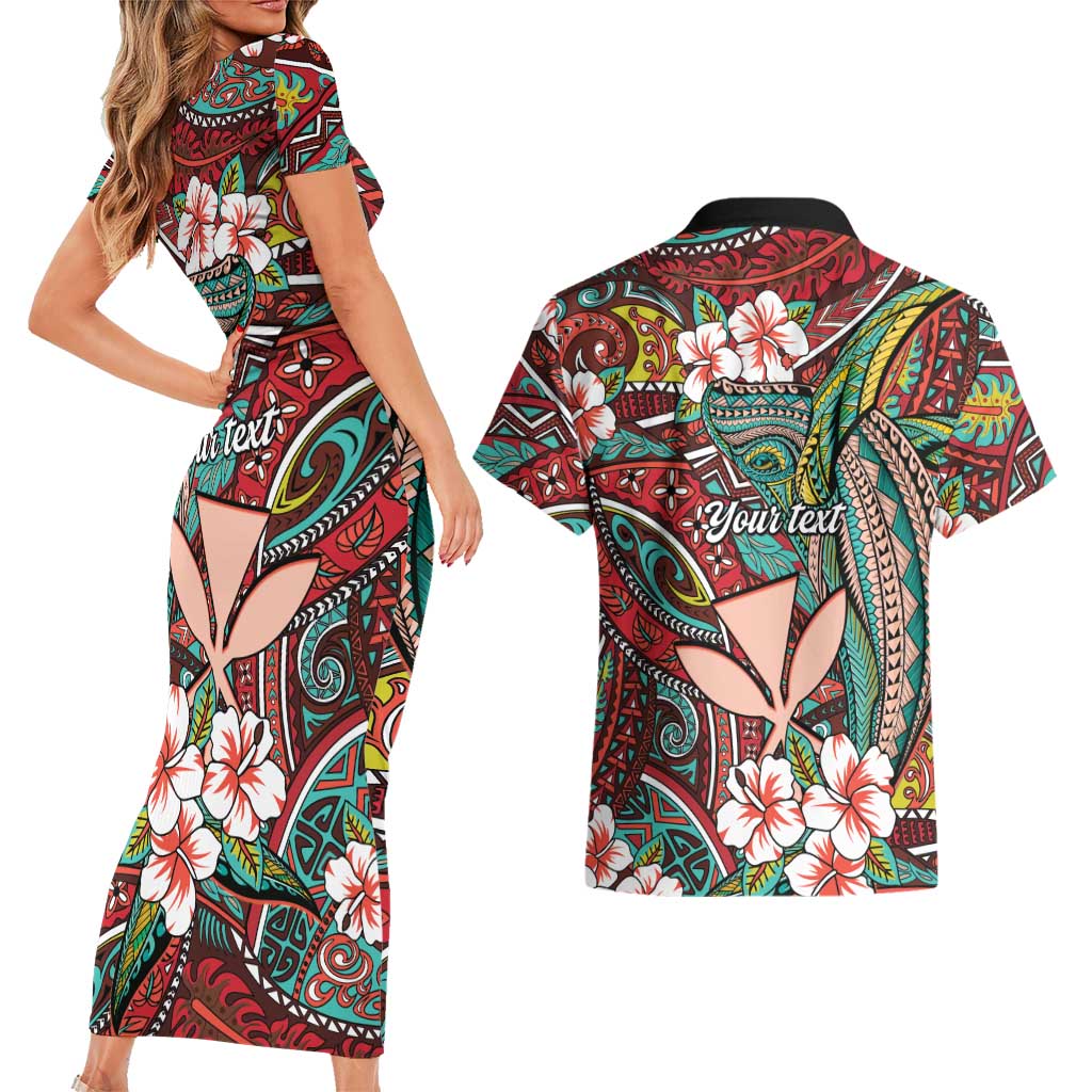 Personalised Hawaii Tribal Humpback Whale Couples Matching Short Sleeve Bodycon Dress and Hawaiian Shirt Ulaula Hibiscus Seamless Pattern