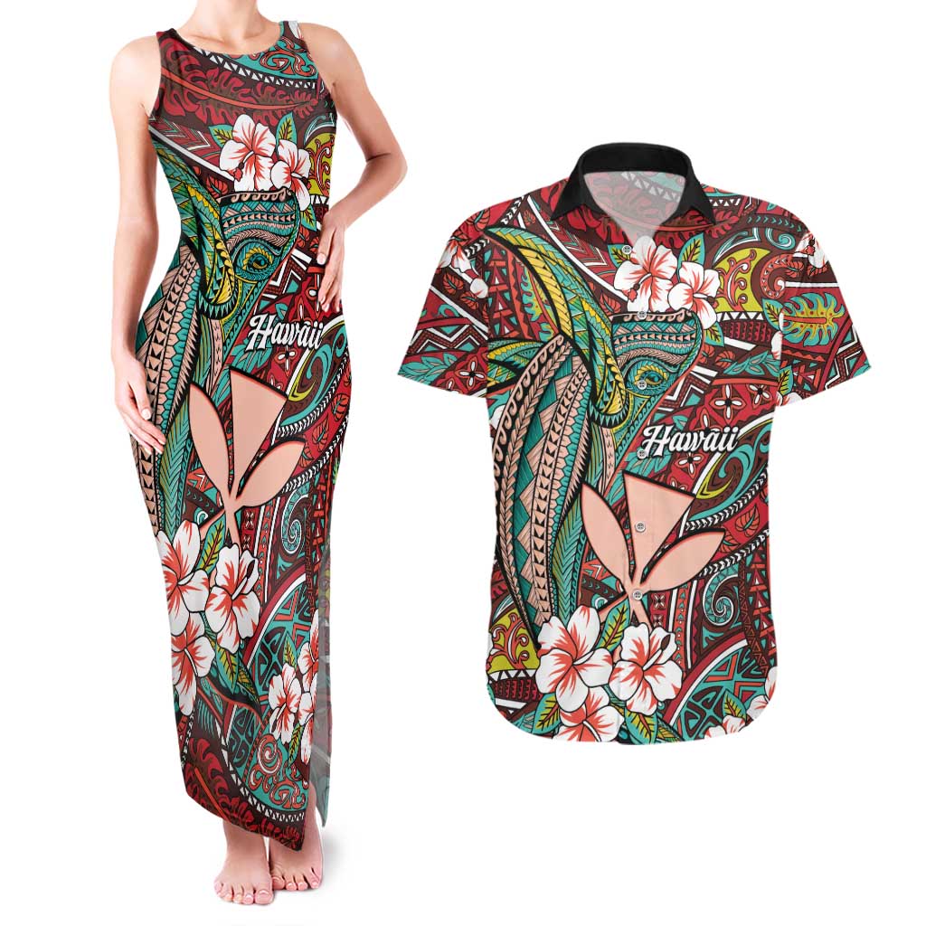 Personalised Hawaii Tribal Humpback Whale Couples Matching Tank Maxi Dress and Hawaiian Shirt Ulaula Hibiscus Seamless Pattern LT9 Red - Polynesian Pride
