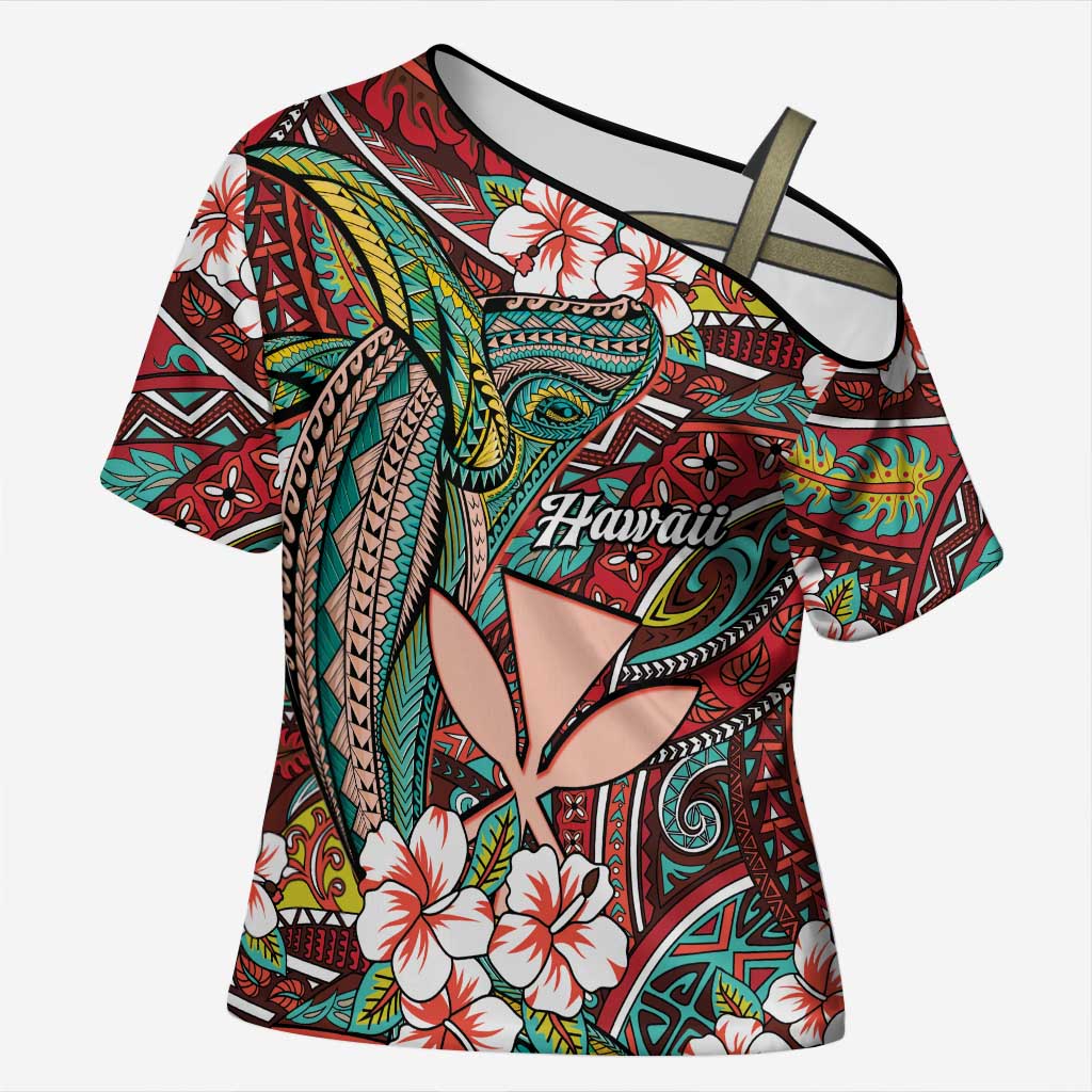 Personalised Hawaii Tribal Humpback Whale Cross Shoulder Shirt Ulaula Hibiscus Seamless Pattern LT9 Female Red - Polynesian Pride