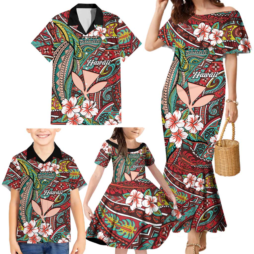 Personalised Hawaii Tribal Humpback Whale Family Matching Mermaid Dress and Hawaiian Shirt Ulaula Hibiscus Seamless Pattern