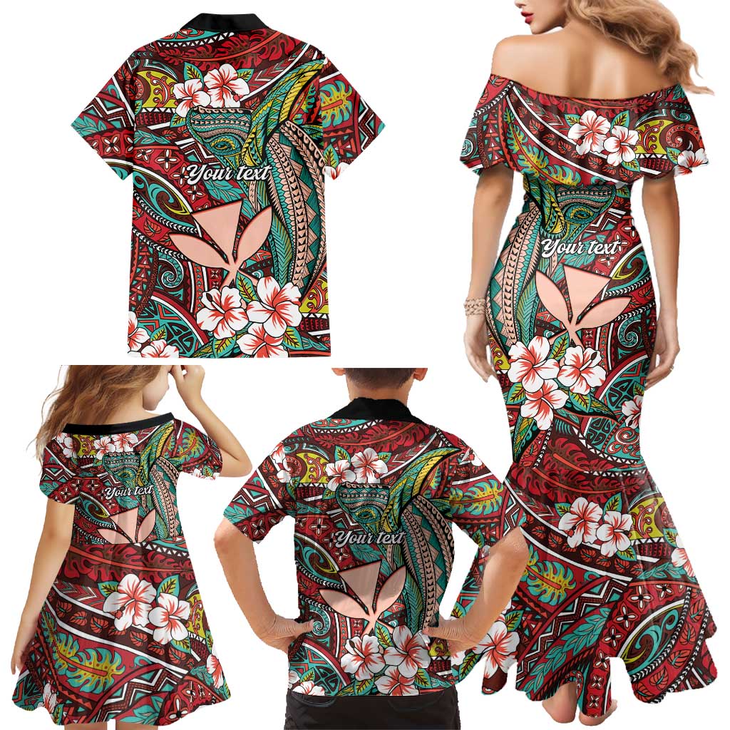 Personalised Hawaii Tribal Humpback Whale Family Matching Mermaid Dress and Hawaiian Shirt Ulaula Hibiscus Seamless Pattern