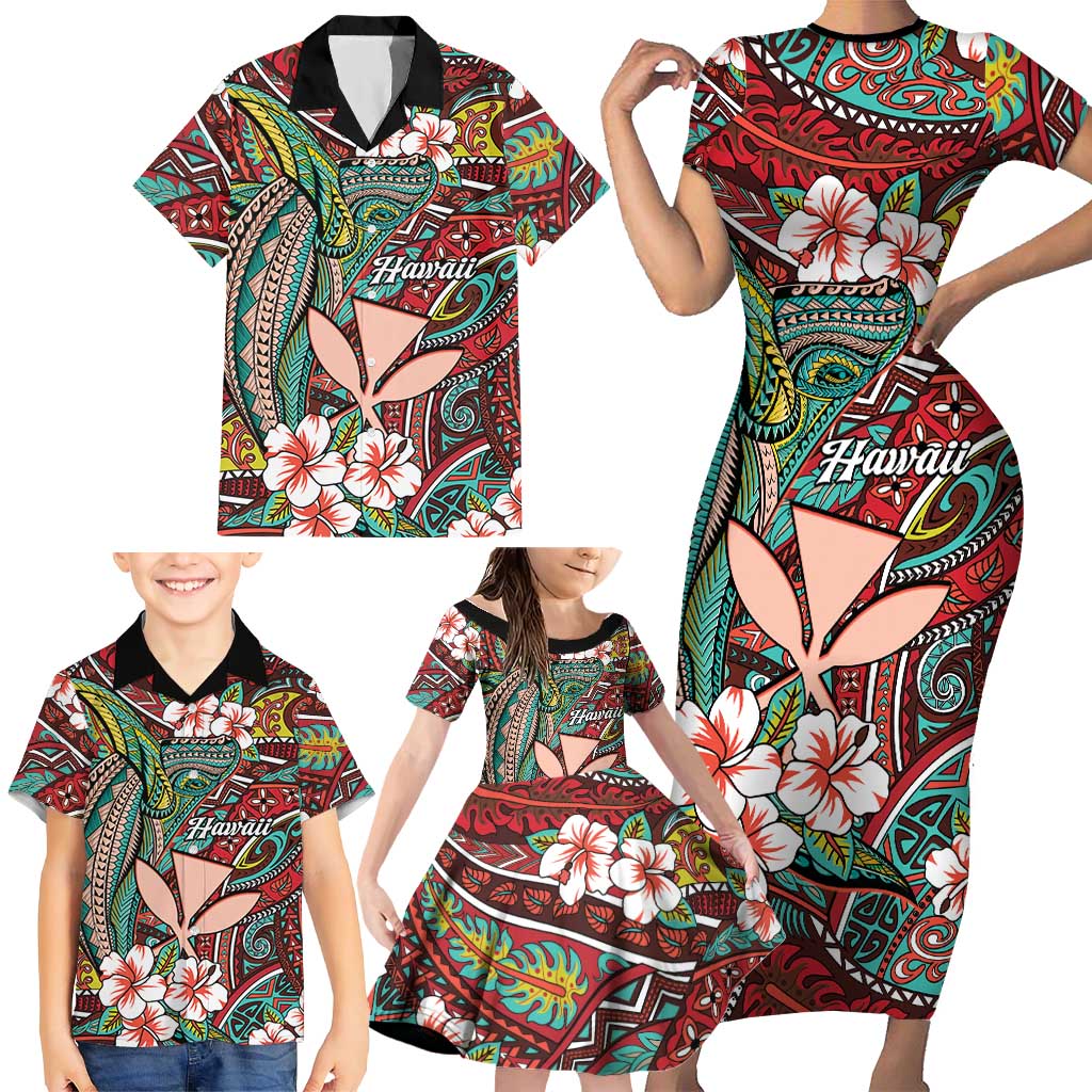 Personalised Hawaii Tribal Humpback Whale Family Matching Short Sleeve Bodycon Dress and Hawaiian Shirt Ulaula Hibiscus Seamless Pattern LT9 - Polynesian Pride