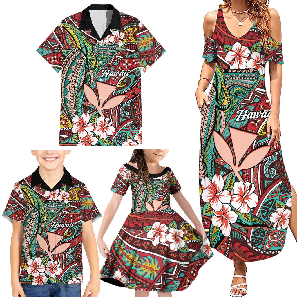 Personalised Hawaii Tribal Humpback Whale Family Matching Summer Maxi Dress and Hawaiian Shirt Ulaula Hibiscus Seamless Pattern LT9 - Polynesian Pride