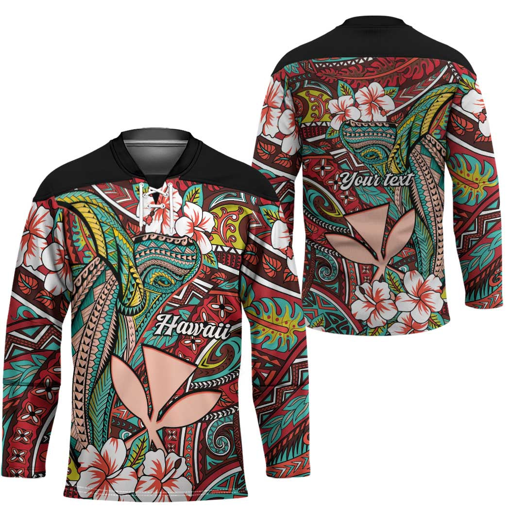 Personalised Hawaii Tribal Humpback Whale Hockey Jersey Ulaula Hibiscus Seamless Pattern LT9 - Polynesian Pride