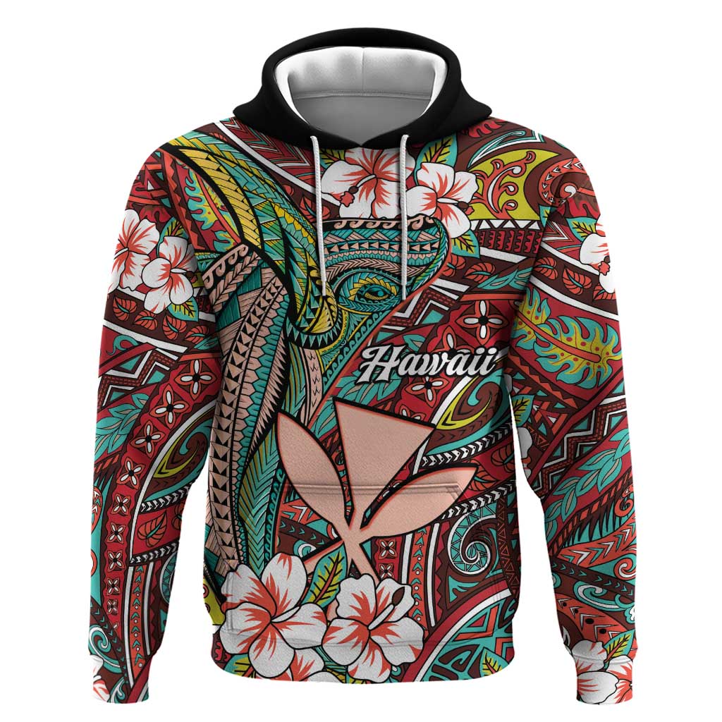 Personalised Hawaii Tribal Humpback Whale Hoodie Ulaula Hibiscus Seamless Pattern LT9 Pullover Hoodie Red - Polynesian Pride