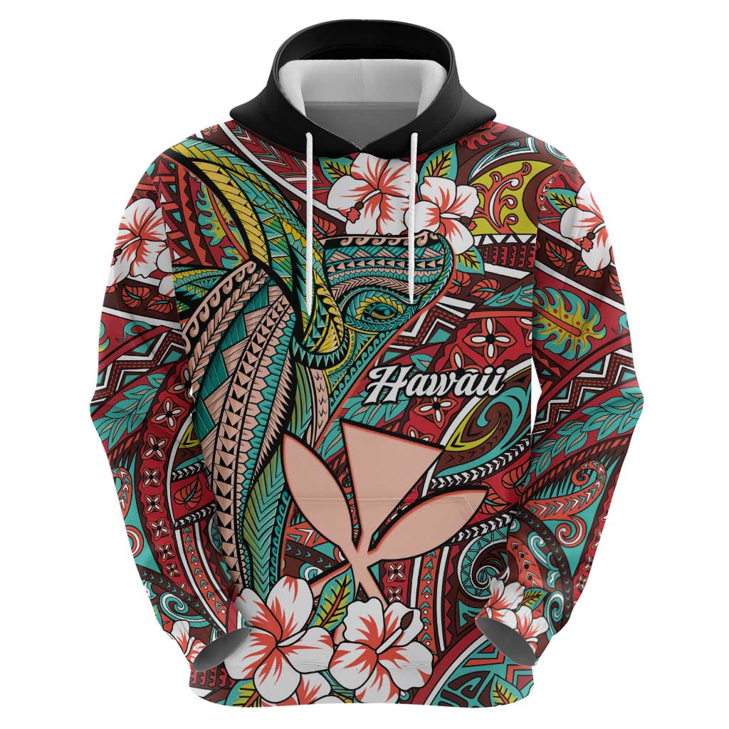 Personalised Hawaii Tribal Humpback Whale Hoodie Ulaula Hibiscus Seamless Pattern LT9 - Polynesian Pride