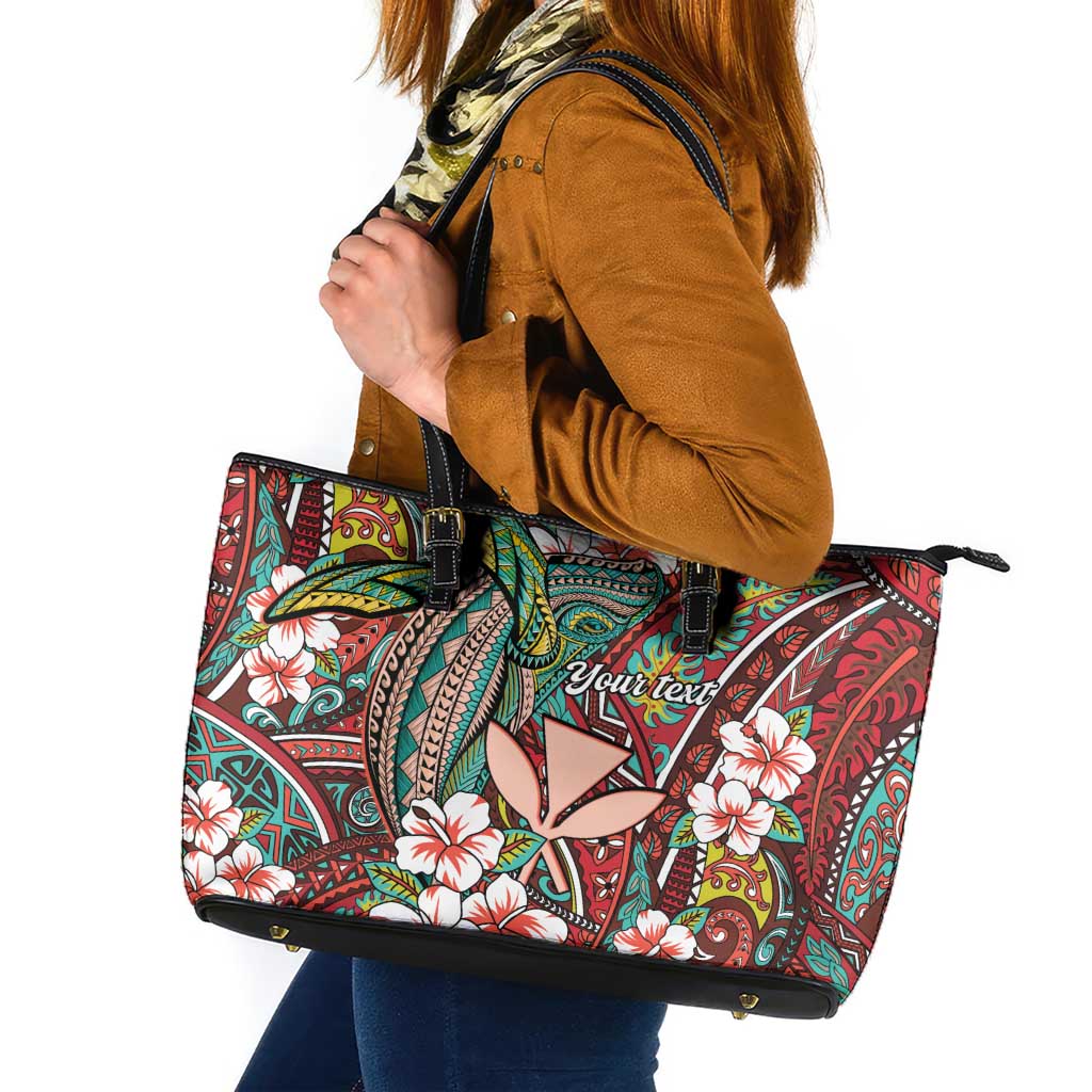 Personalised Hawaii Tribal Humpback Whale Leather Tote Bag Ulaula Hibiscus Seamless Pattern LT9 Red - Polynesian Pride