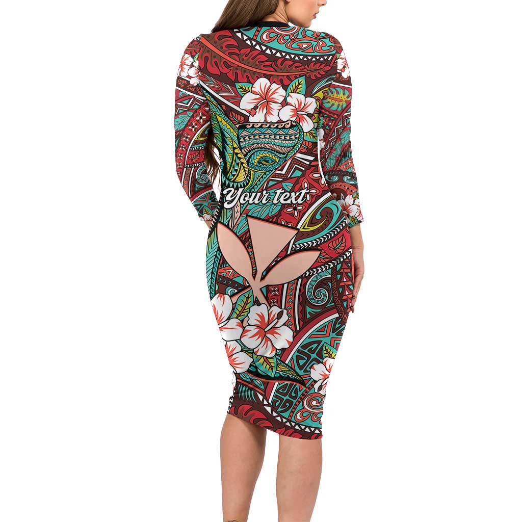 Personalised Hawaii Tribal Humpback Whale Long Sleeve Bodycon Dress Ulaula Hibiscus Seamless Pattern LT9 - Polynesian Pride