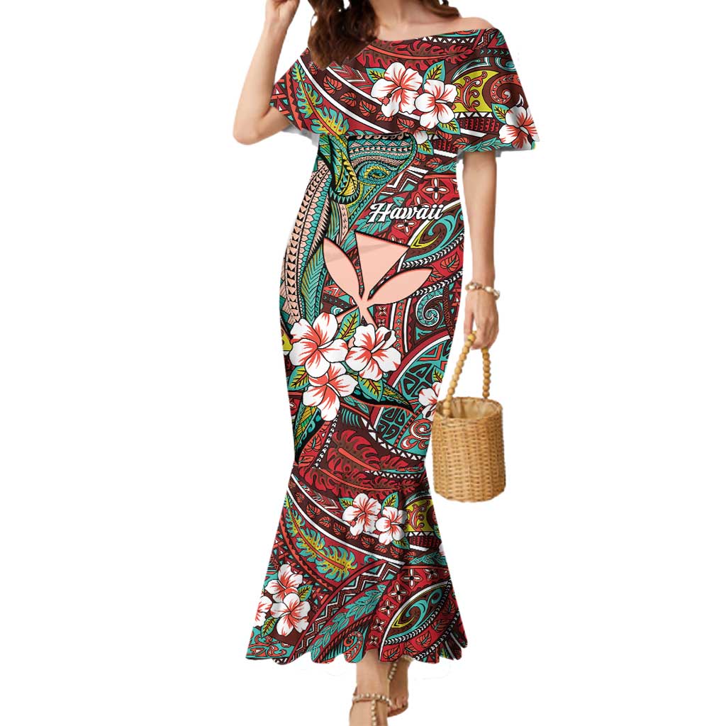 Personalised Hawaii Tribal Humpback Whale Mermaid Dress Ulaula Hibiscus Seamless Pattern LT9 Women Red - Polynesian Pride