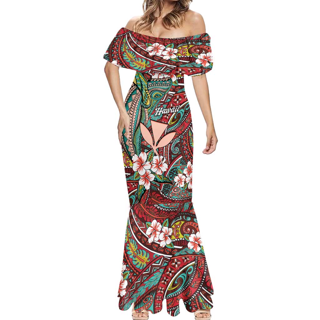 Personalised Hawaii Tribal Humpback Whale Mermaid Dress Ulaula Hibiscus Seamless Pattern LT9 - Polynesian Pride