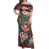 Personalised Hawaii Tribal Humpback Whale Off Shoulder Maxi Dress Ulaula Hibiscus Seamless Pattern