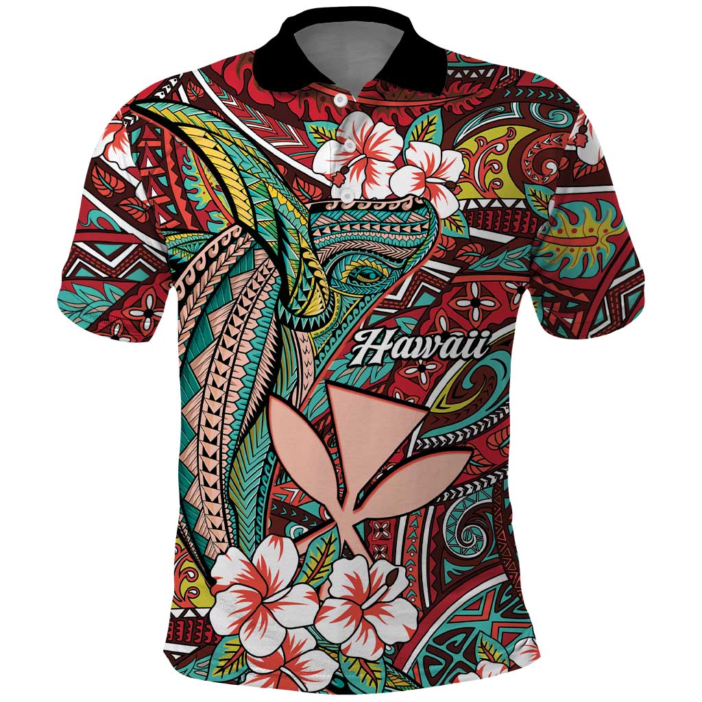 Personalised Hawaii Tribal Humpback Whale Polo Shirt Ulaula Hibiscus Seamless Pattern LT9 Red - Polynesian Pride