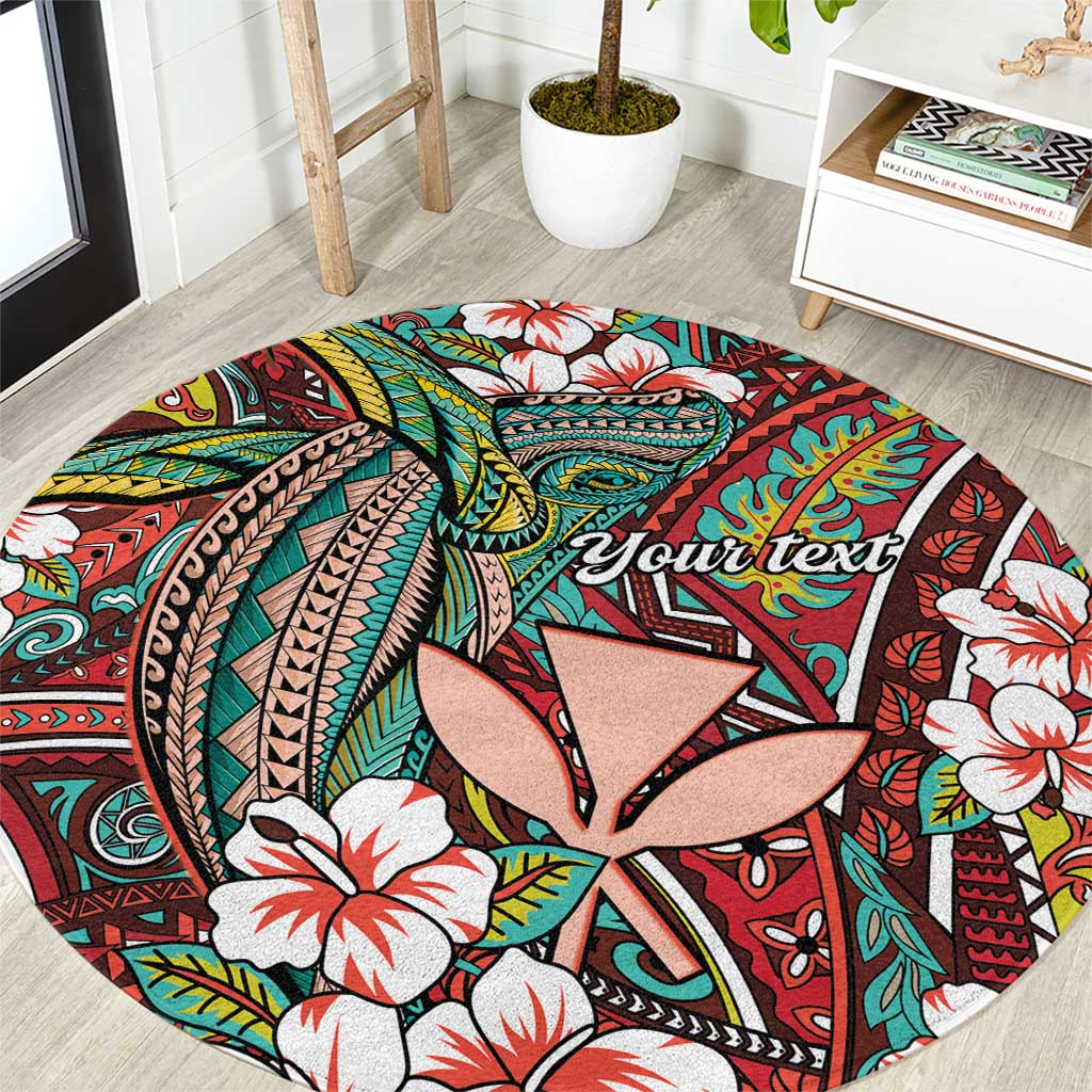 Personalised Hawaii Tribal Humpback Whale Round Carpet Ulaula Hibiscus Seamless Pattern LT9 Red - Polynesian Pride