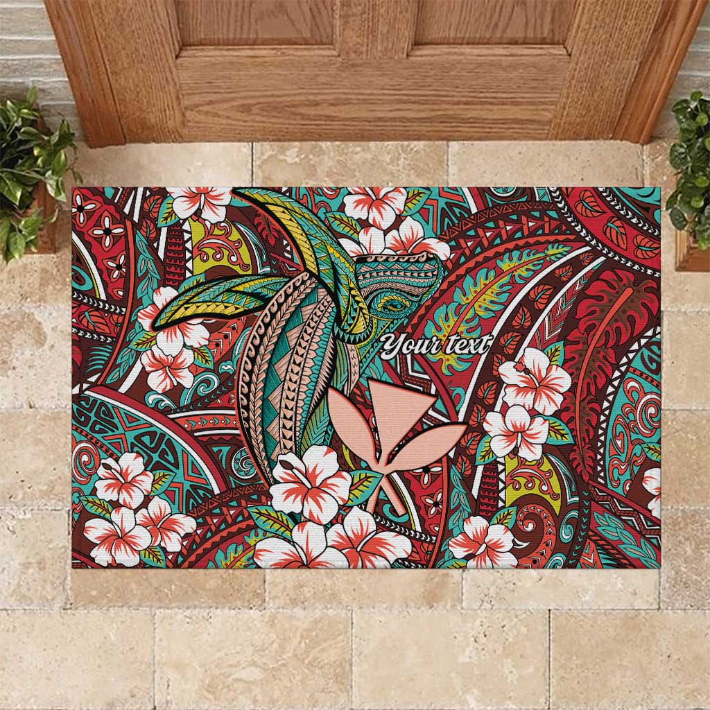 Personalised Hawaii Tribal Humpback Whale Rubber Doormat Ulaula Hibiscus Seamless Pattern LT9 Red - Polynesian Pride