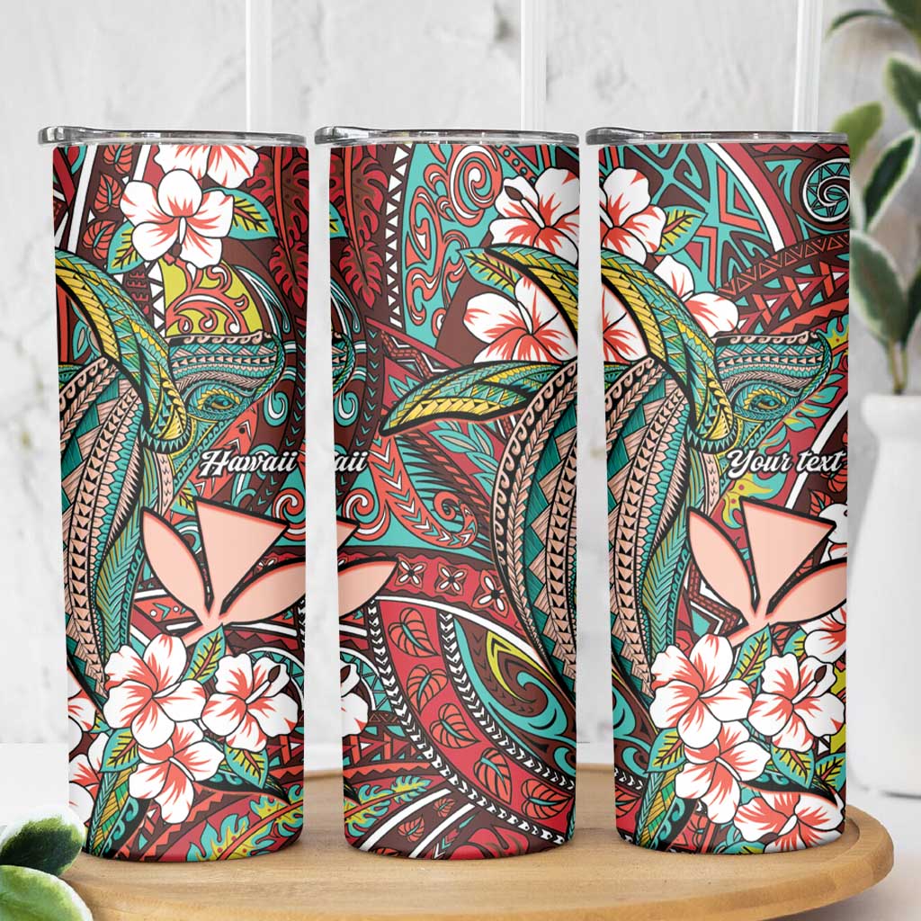 Personalised Hawaii Tribal Humpback Whale Skinny Tumbler Ulaula Hibiscus Seamless Pattern
