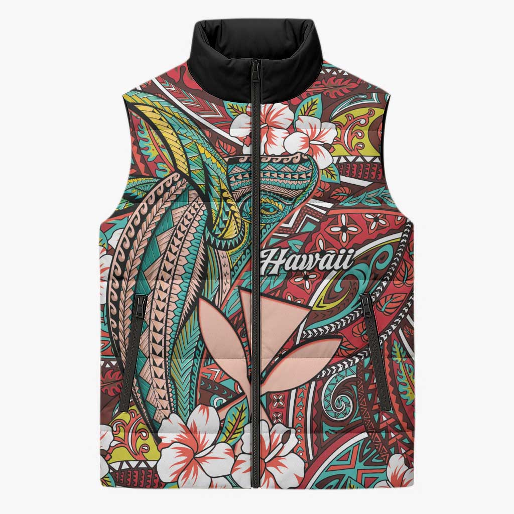 Personalised Hawaii Tribal Humpback Whale Sleeveless Puffer Jacket Ulaula Hibiscus Seamless Pattern LT9 Unisex Red - Polynesian Pride