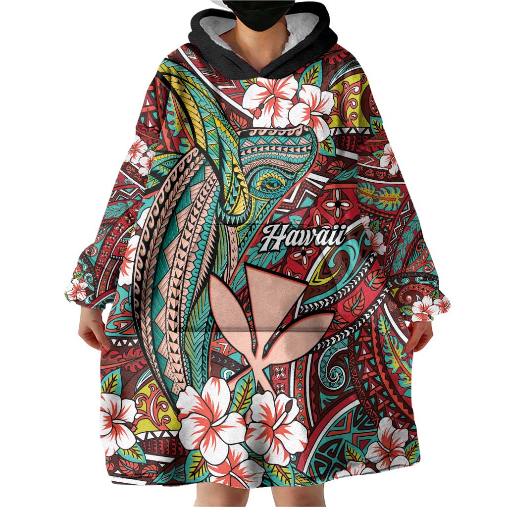 Personalised Hawaii Tribal Humpback Whale Wearable Blanket Hoodie Ulaula Hibiscus Seamless Pattern LT9 - Polynesian Pride