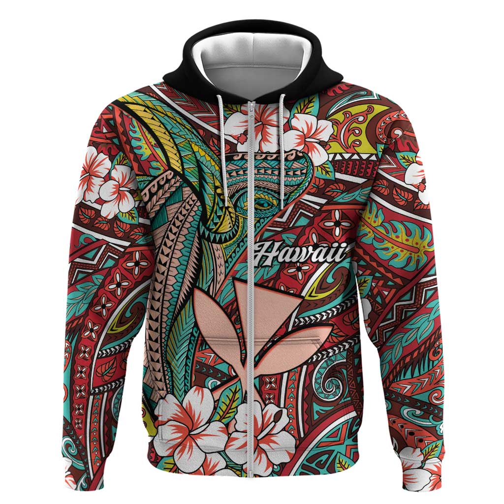Personalised Hawaii Tribal Humpback Whale Zip Hoodie Ulaula Hibiscus Seamless Pattern LT9 Zip Hoodie Red - Polynesian Pride