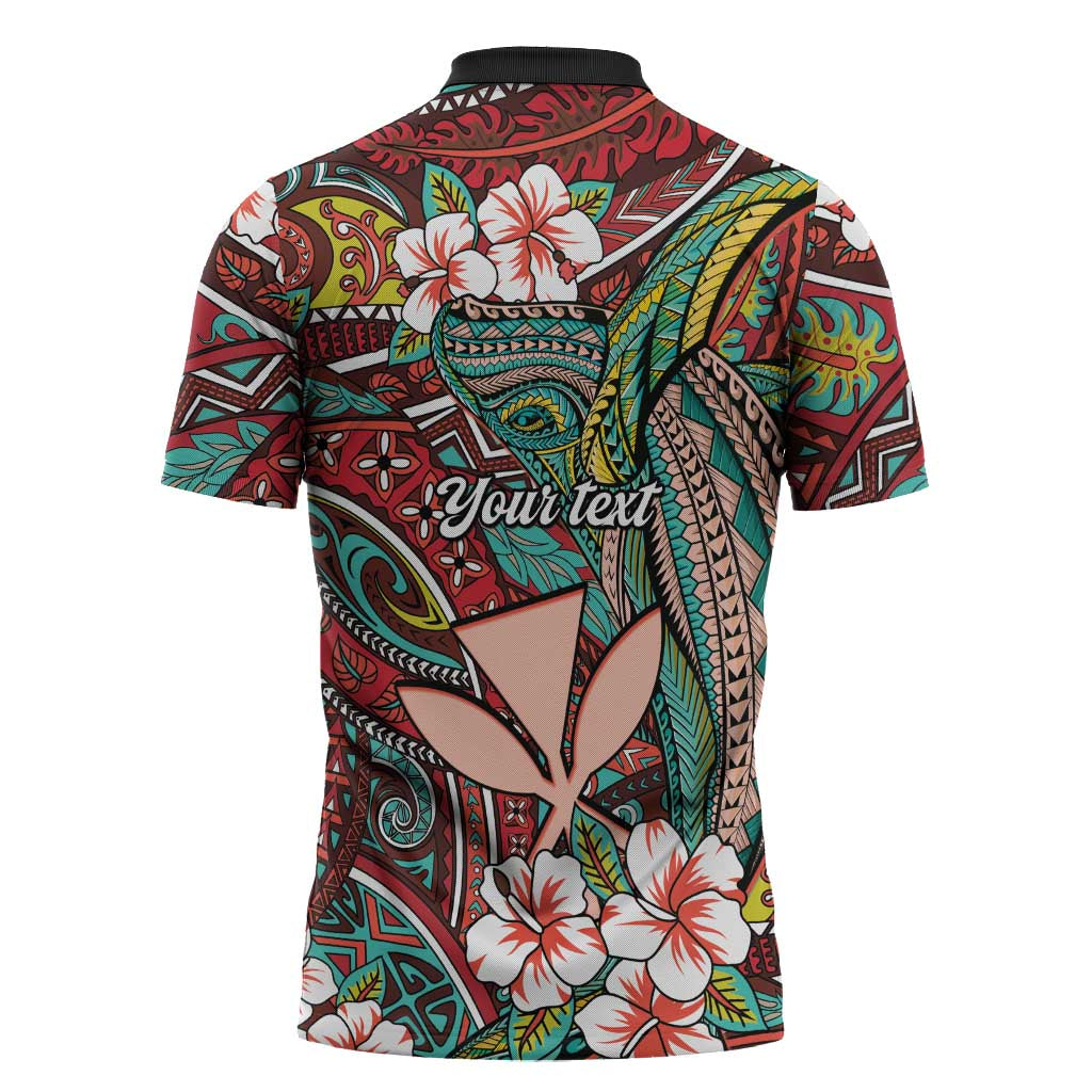 Personalised Hawaii Tribal Humpback Whale Zipper Polo Shirt Ulaula Hibiscus Seamless Pattern LT9 - Polynesian Pride