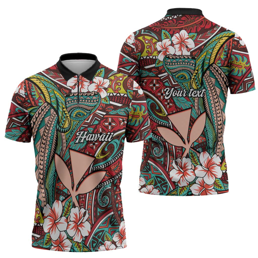Personalised Hawaii Tribal Humpback Whale Zipper Polo Shirt Ulaula Hibiscus Seamless Pattern LT9 - Polynesian Pride