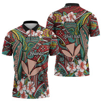 Personalised Hawaii Tribal Humpback Whale Zipper Polo Shirt Ulaula Hibiscus Seamless Pattern LT9 - Polynesian Pride