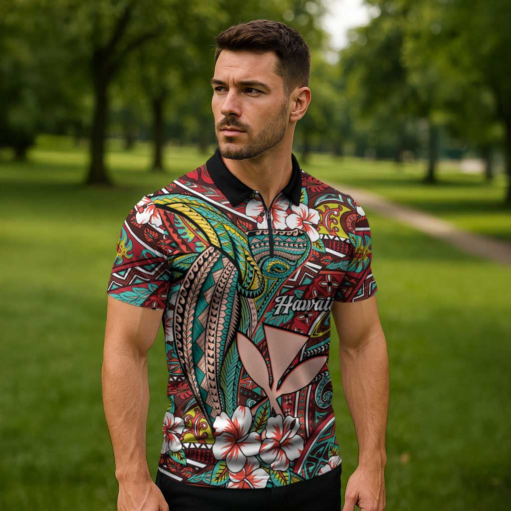 Personalised Hawaii Tribal Humpback Whale Zipper Polo Shirt Ulaula Hibiscus Seamless Pattern LT9 - Polynesian Pride
