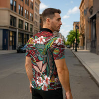 Personalised Hawaii Tribal Humpback Whale Zipper Polo Shirt Ulaula Hibiscus Seamless Pattern LT9 - Polynesian Pride
