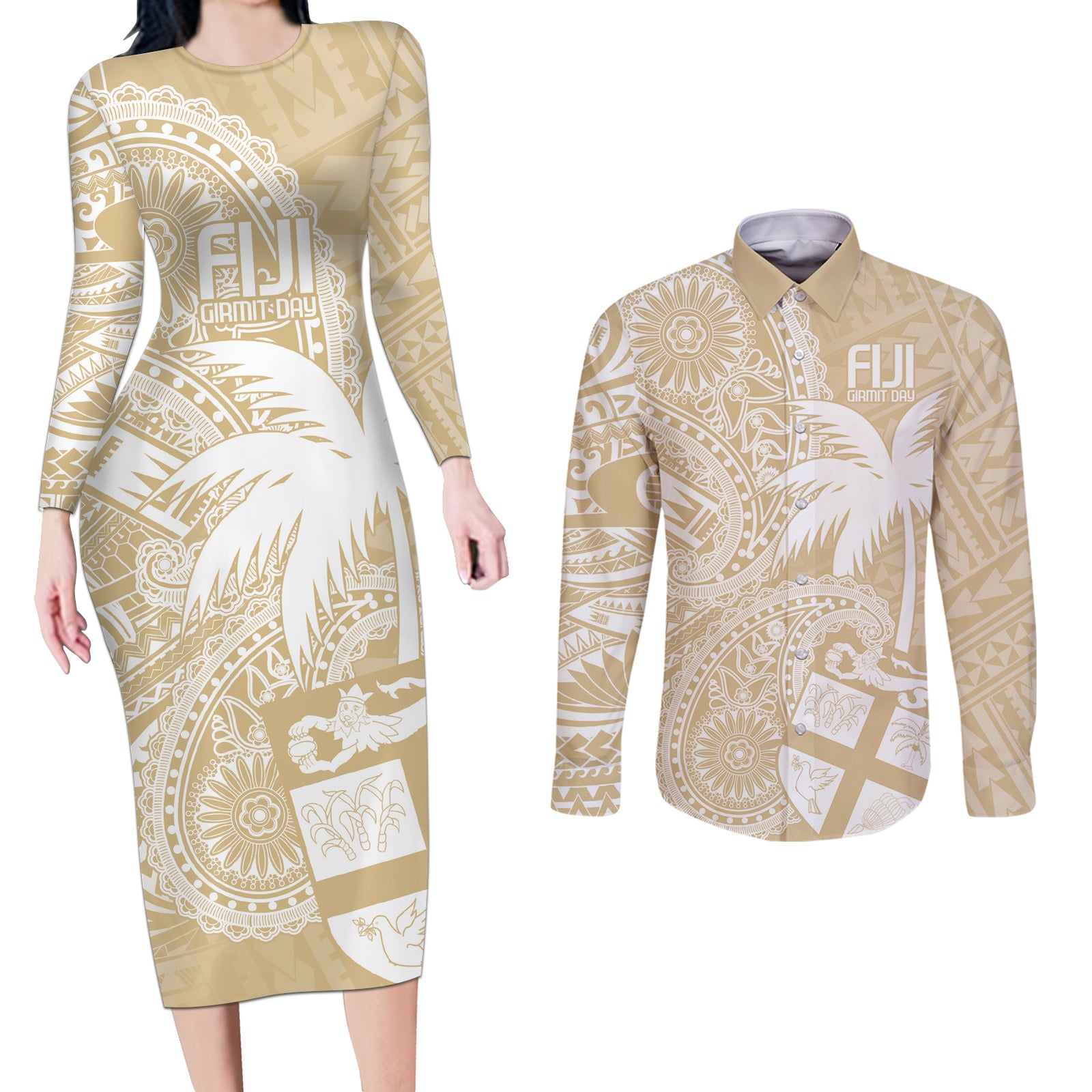 Custom Indo Fijians Couples Matching Long Sleeve Bodycon Dress and Long Sleeve Button Shirt Fiji ke Hindustani Polyneisan Paisley Beige Style LT9 Beige - Polynesian Pride