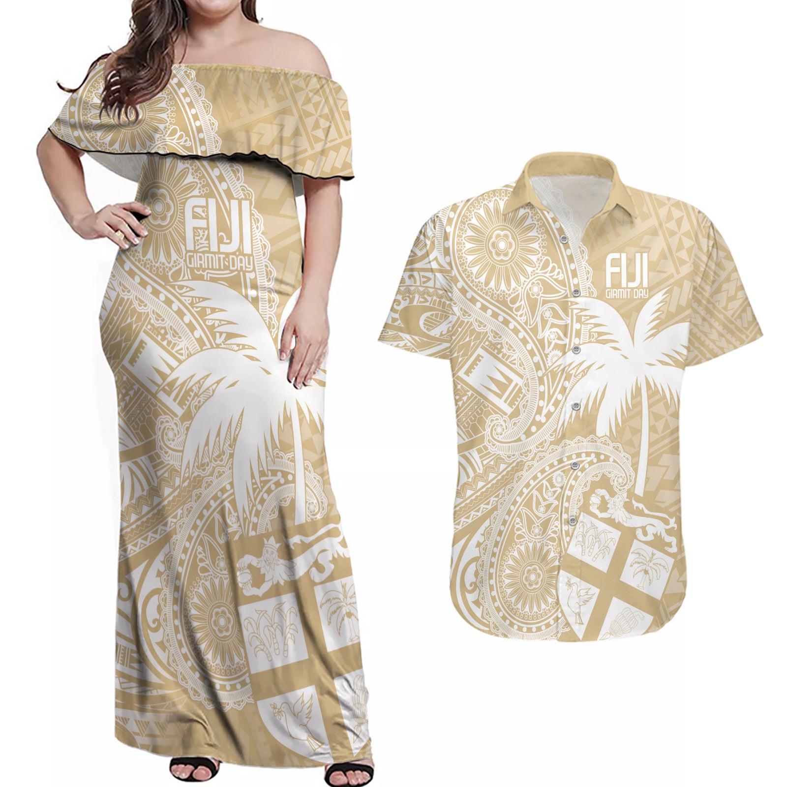 Custom Indo Fijians Couples Matching Off Shoulder Maxi Dress and Hawaiian Shirt Fiji ke Hindustani Polyneisan Paisley Beige Style LT9 Beige - Polynesian Pride