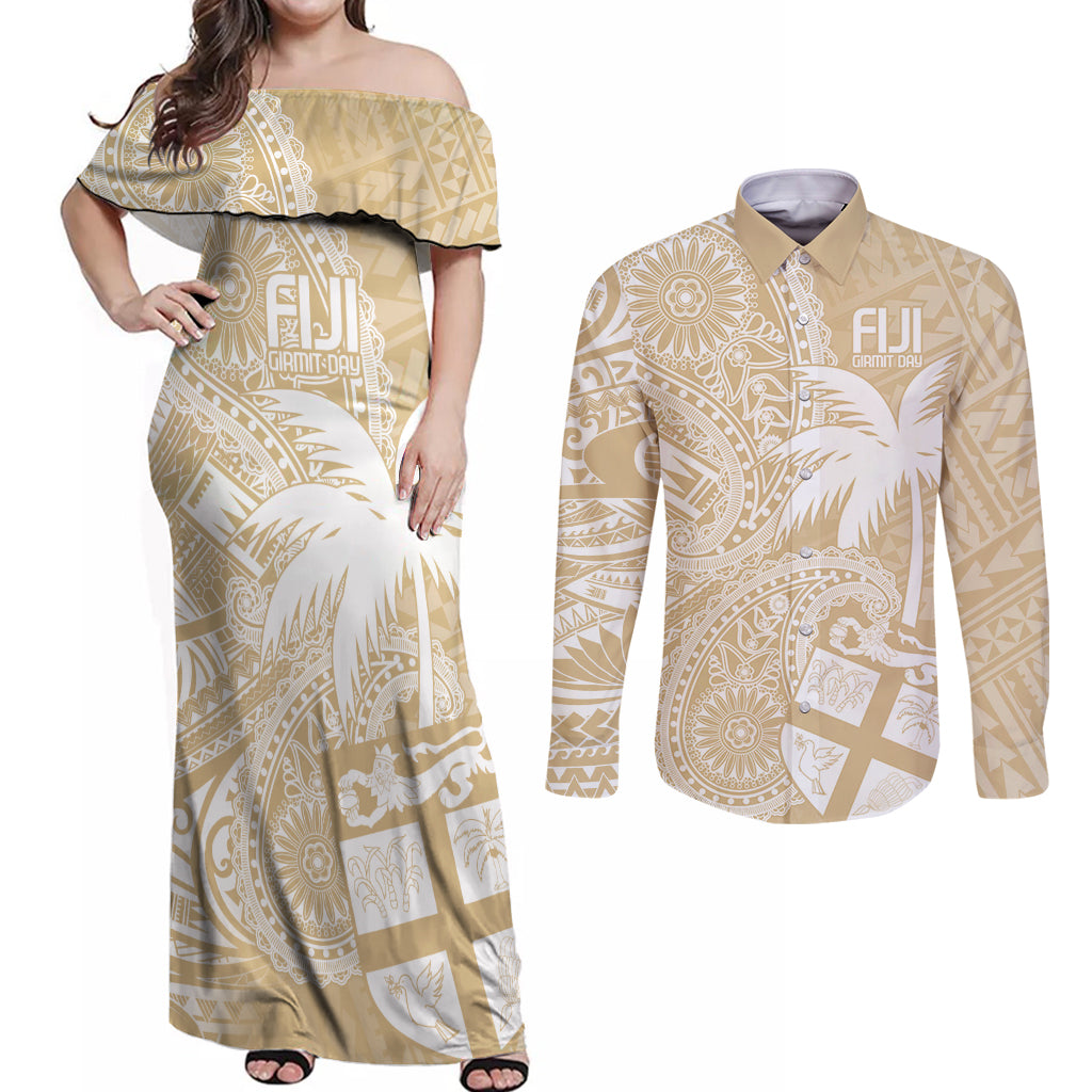 Custom Indo Fijians Couples Matching Off Shoulder Maxi Dress and Long Sleeve Button Shirt Fiji ke Hindustani Polyneisan Paisley Beige Style LT9 Beige - Polynesian Pride