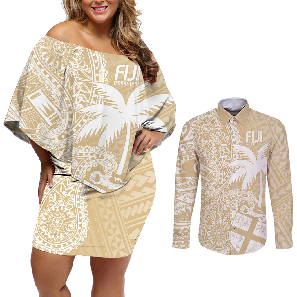 Custom Indo Fijians Couples Matching Off Shoulder Short Dress and Long Sleeve Button Shirt Fiji ke Hindustani Polyneisan Paisley Beige Style LT9 Beige - Polynesian Pride