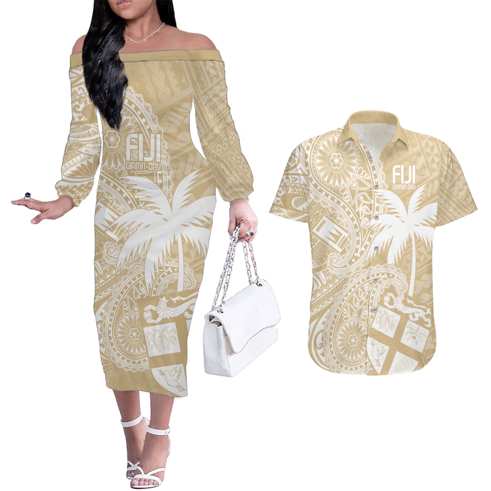 Custom Indo Fijians Couples Matching Off The Shoulder Long Sleeve Dress and Hawaiian Shirt Fiji ke Hindustani Polyneisan Paisley Beige Style LT9 Beige - Polynesian Pride