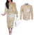Custom Indo Fijians Couples Matching Off The Shoulder Long Sleeve Dress and Long Sleeve Button Shirt Fiji ke Hindustani Polyneisan Paisley Beige Style
