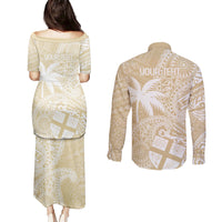 Custom Indo Fijians Couples Matching Puletasi and Long Sleeve Button Shirt Fiji ke Hindustani Polyneisan Paisley Beige Style