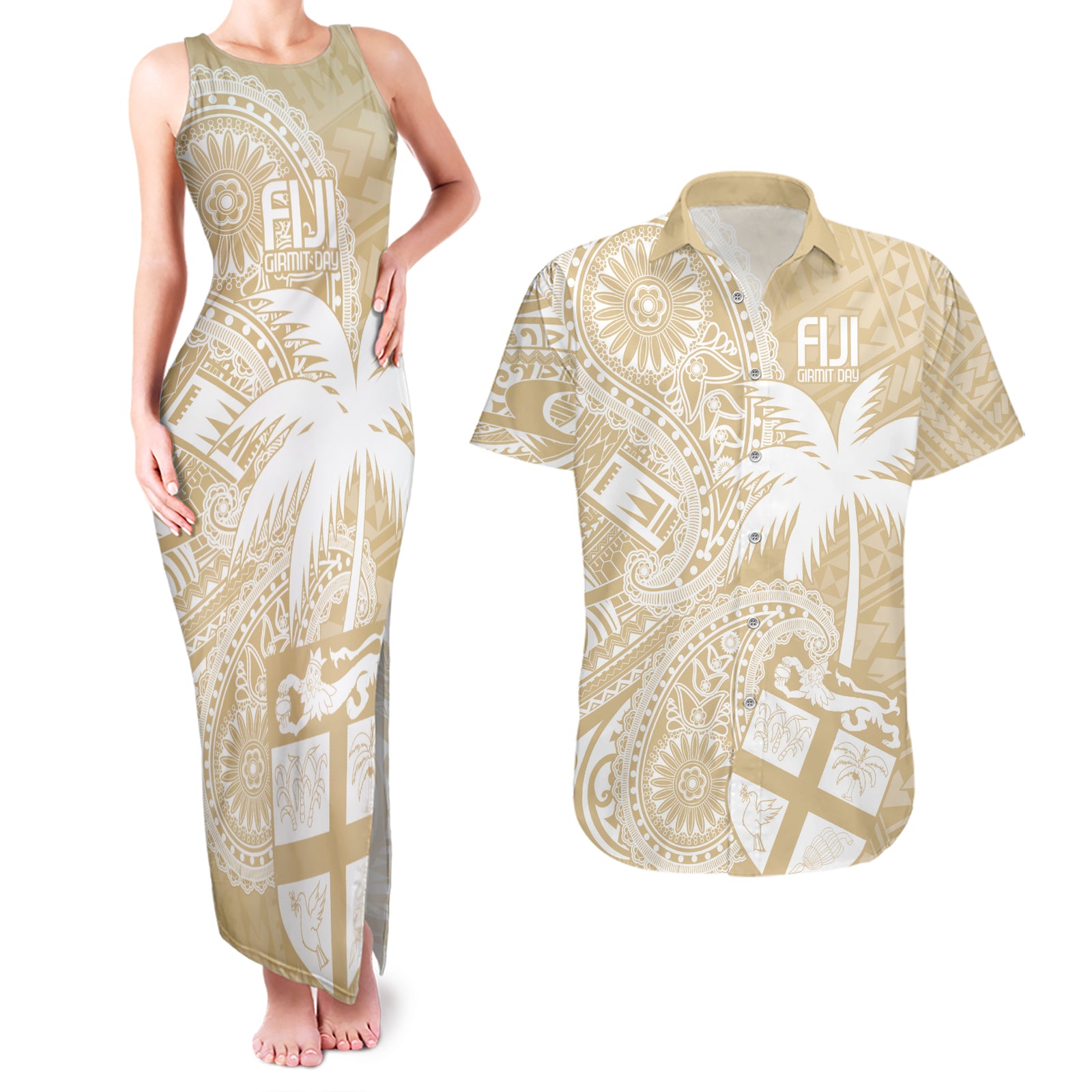 Custom Indo Fijians Couples Matching Tank Maxi Dress and Hawaiian Shirt Fiji ke Hindustani Polyneisan Paisley Beige Style LT9 Beige - Polynesian Pride