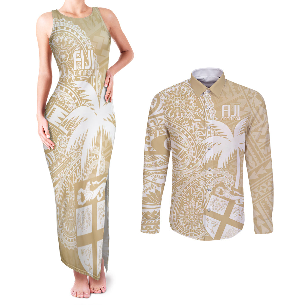 Custom Indo Fijians Couples Matching Tank Maxi Dress and Long Sleeve Button Shirt Fiji ke Hindustani Polyneisan Paisley Beige Style