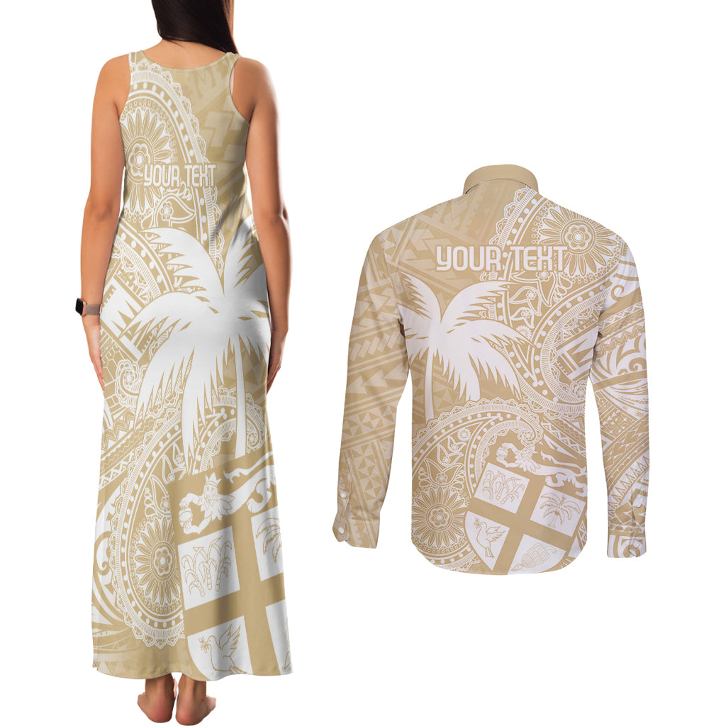 Custom Indo Fijians Couples Matching Tank Maxi Dress and Long Sleeve Button Shirt Fiji ke Hindustani Polyneisan Paisley Beige Style
