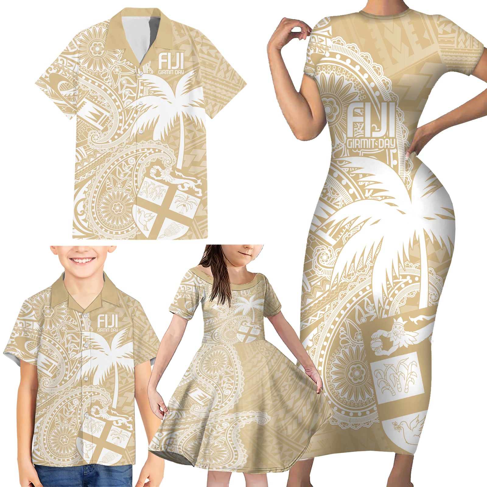 Custom Indo Fijians Family Matching Short Sleeve Bodycon Dress and Hawaiian Shirt Fiji ke Hindustani Polyneisan Paisley Beige Style LT9 - Polynesian Pride