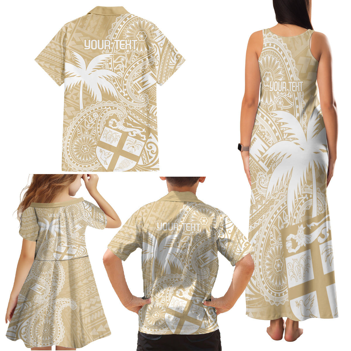 Custom Indo Fijians Family Matching Tank Maxi Dress and Hawaiian Shirt Fiji ke Hindustani Polyneisan Paisley Beige Style