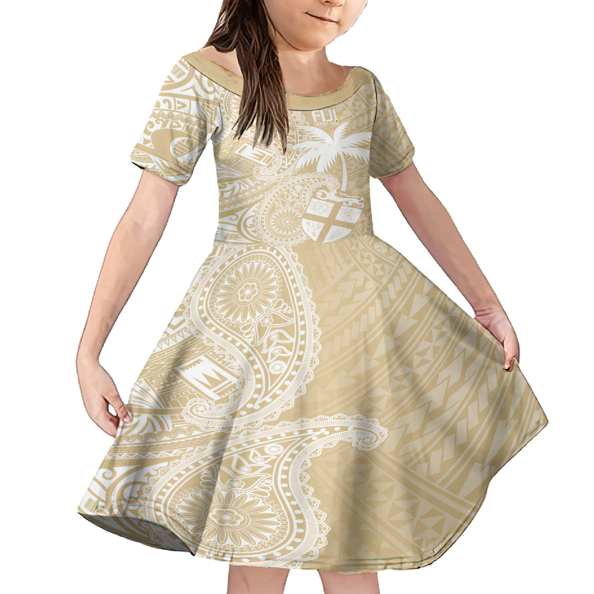 Custom Indo Fijians Kid Short Sleeve Dress Fiji ke Hindustani Polyneisan Paisley Beige Style LT9 KID Beige - Polynesian Pride