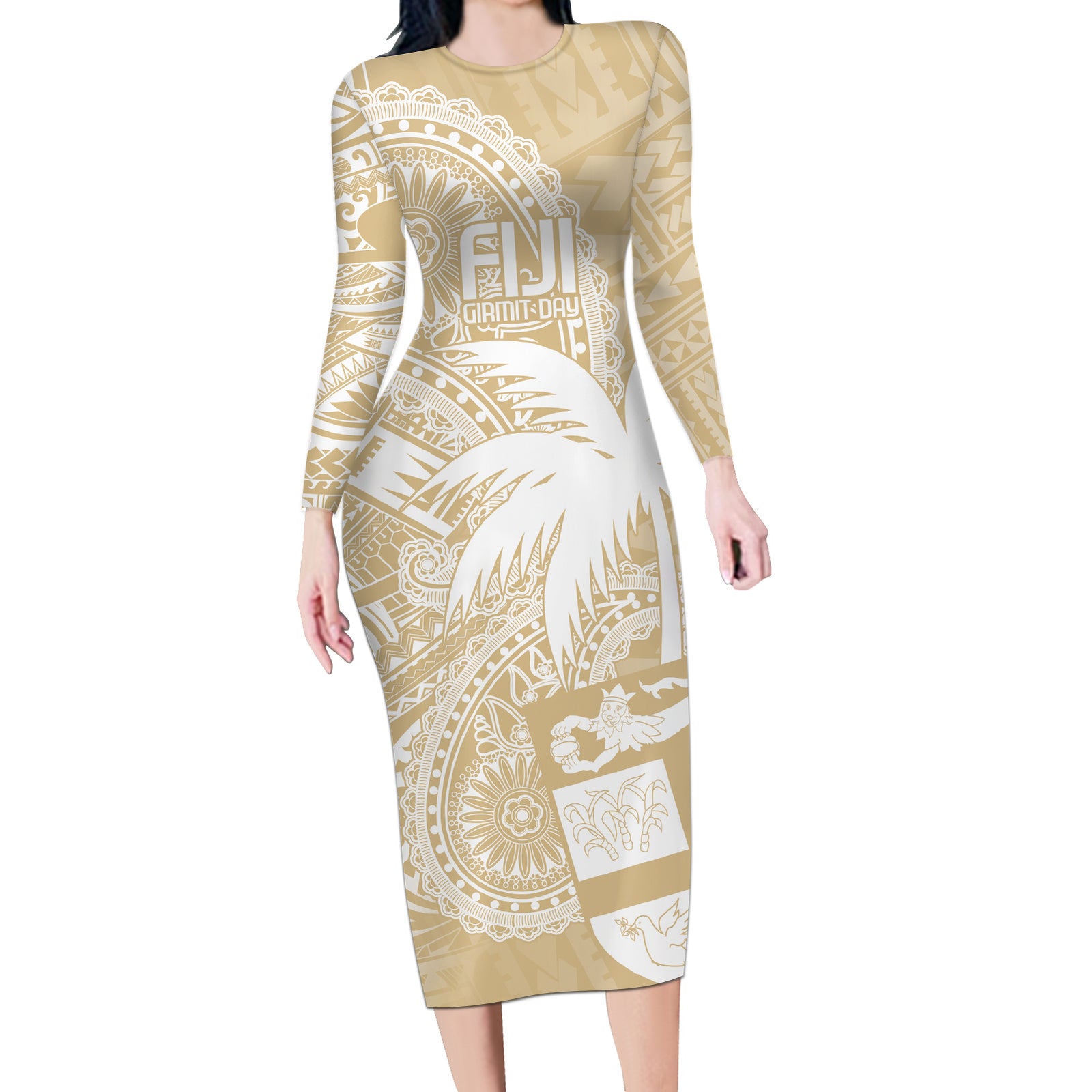 Custom Indo Fijians Long Sleeve Bodycon Dress Fiji ke Hindustani Polyneisan Paisley Beige Style LT9 Long Dress Beige - Polynesian Pride
