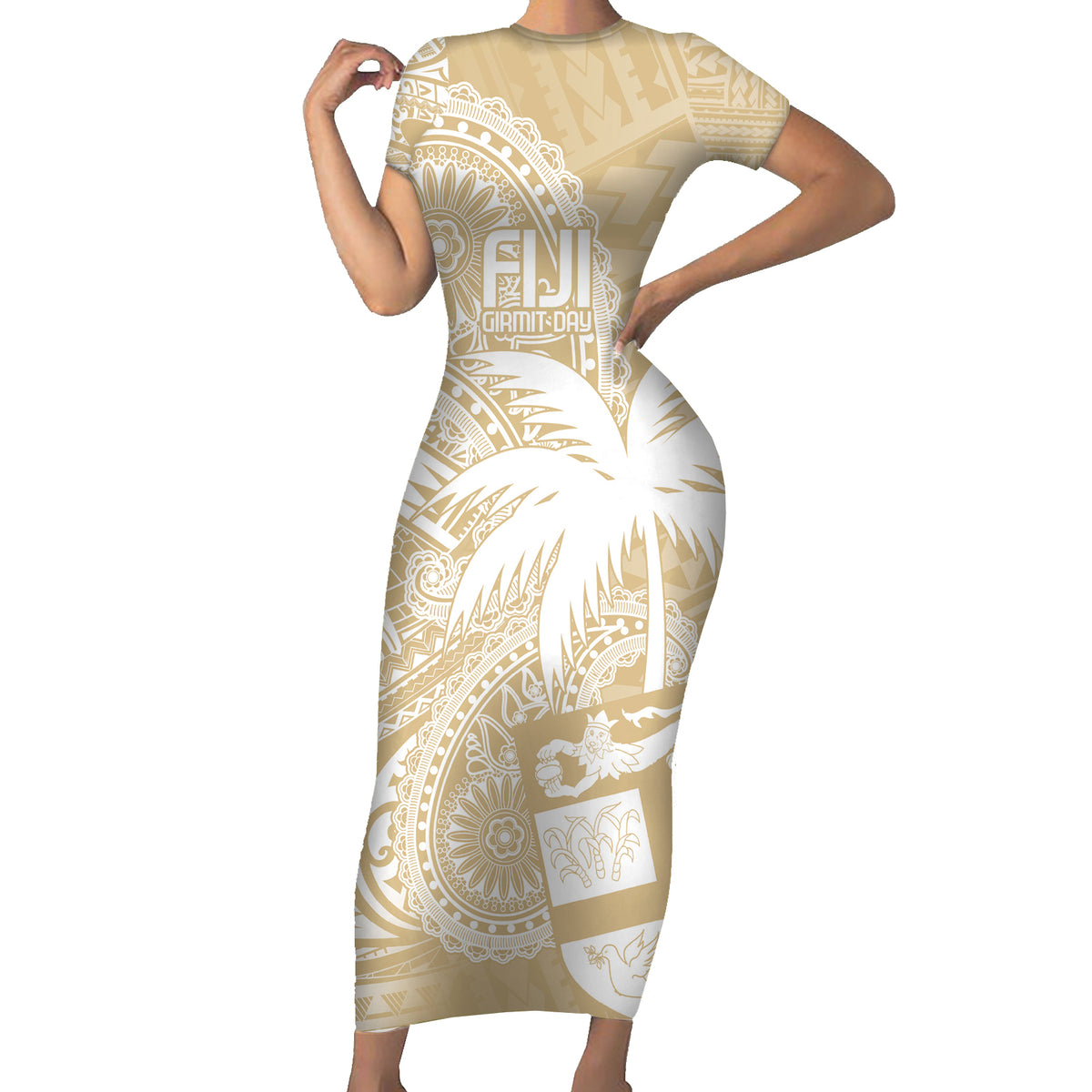 Custom Indo Fijians Short Sleeve Bodycon Dress Fiji ke Hindustani Polyneisan Paisley Beige Style