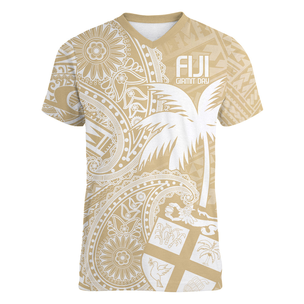 Custom Indo Fijians Women V-Neck T-Shirt Fiji ke Hindustani Polyneisan Paisley Beige Style