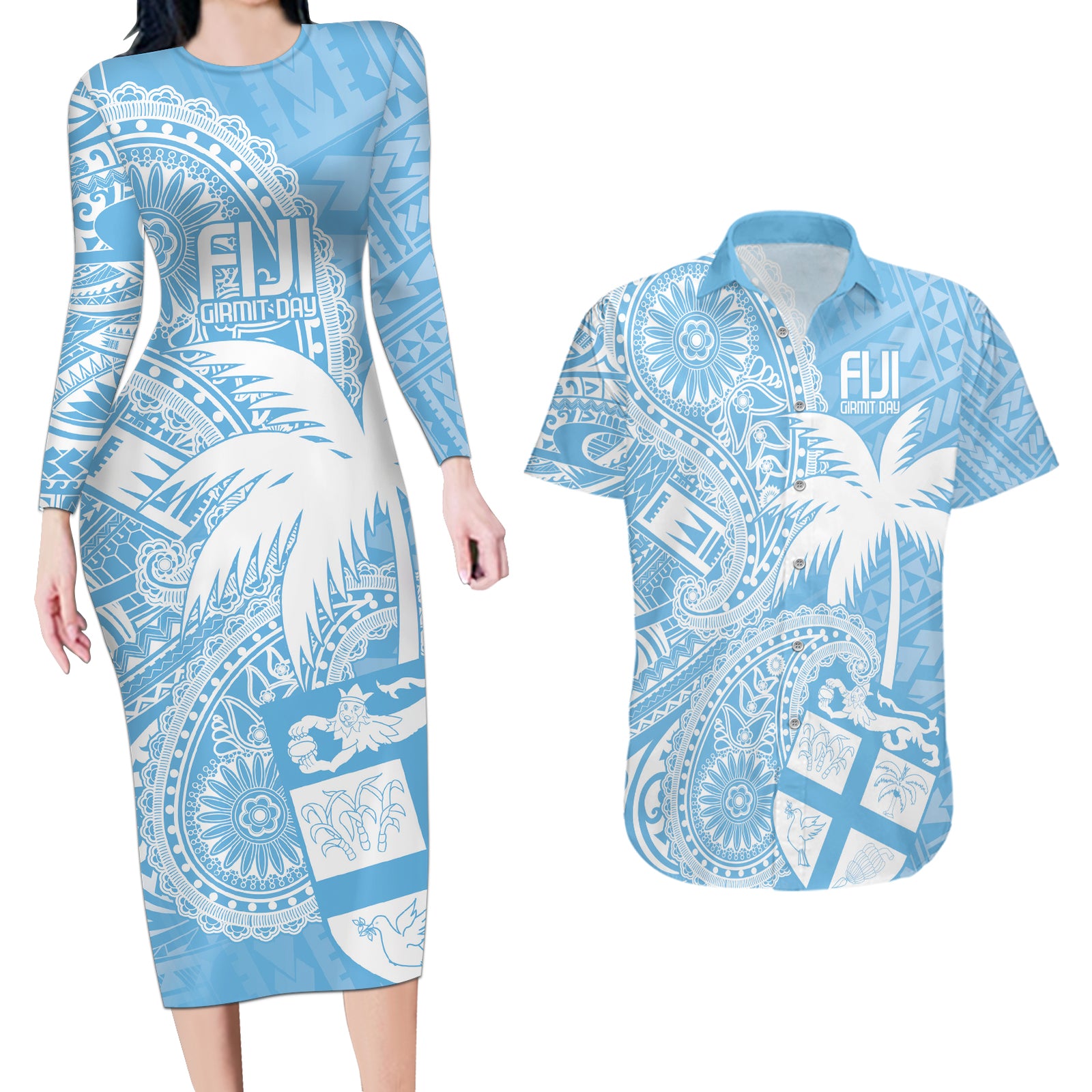 Custom Indo Fijians Couples Matching Long Sleeve Bodycon Dress and Hawaiian Shirt Fiji ke Hindustani Polyneisan Paisley Blue Style LT9 Blue - Polynesian Pride