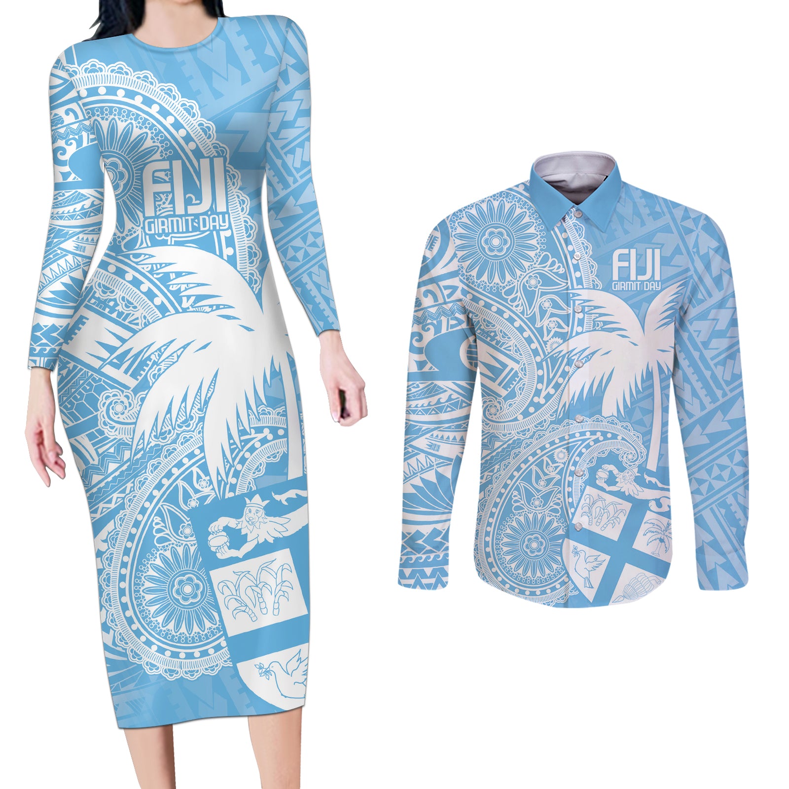 Custom Indo Fijians Couples Matching Long Sleeve Bodycon Dress and Long Sleeve Button Shirt Fiji ke Hindustani Polyneisan Paisley Blue Style LT9 Blue - Polynesian Pride