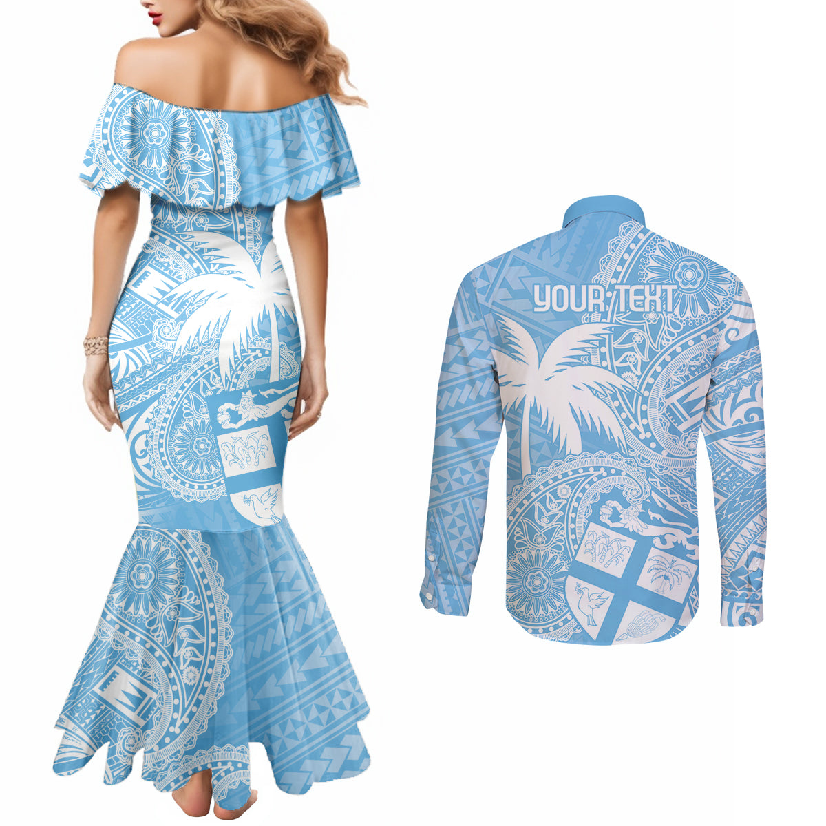 Custom Indo Fijians Couples Matching Mermaid Dress and Long Sleeve Button Shirt Fiji ke Hindustani Polyneisan Paisley Blue Style