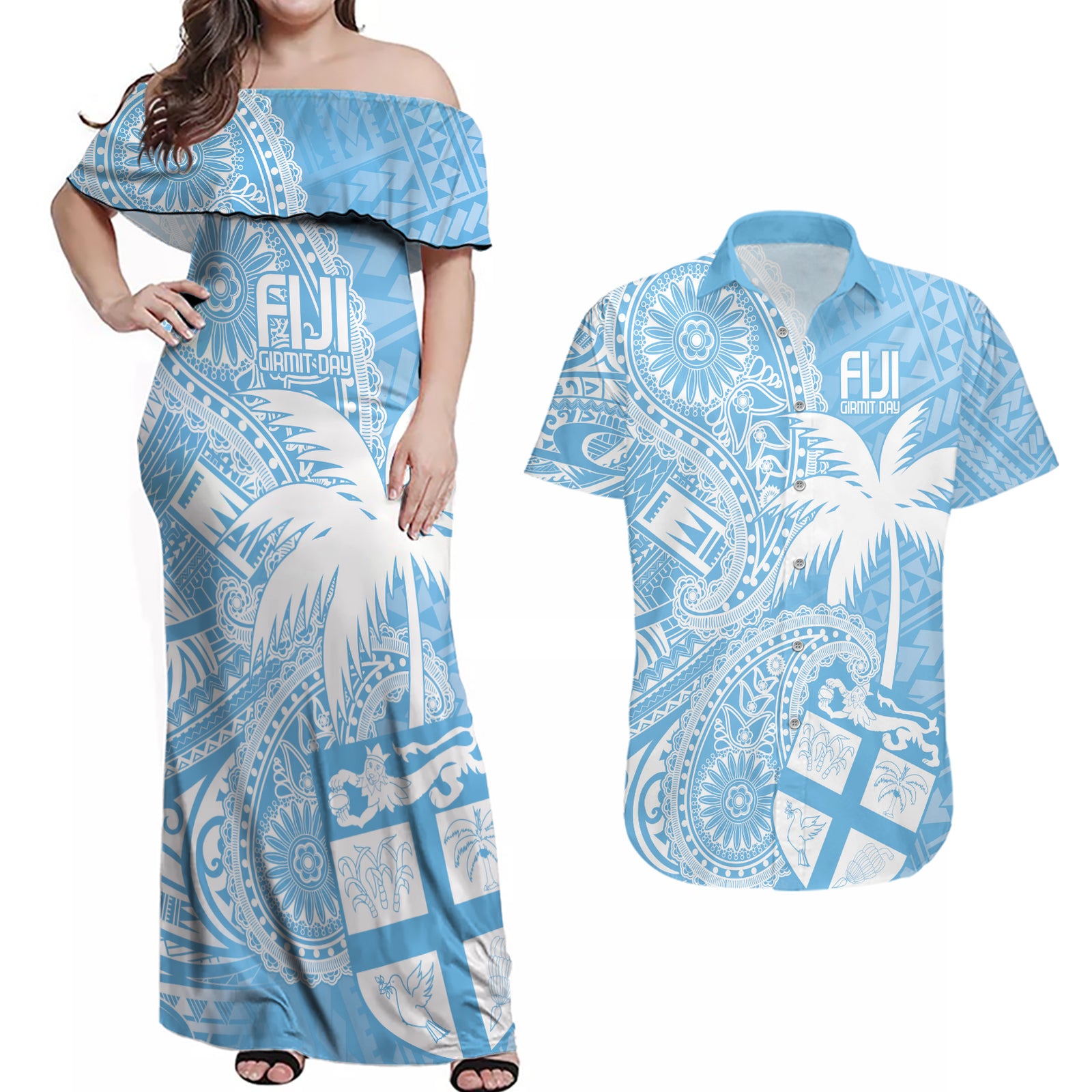 Custom Indo Fijians Couples Matching Off Shoulder Maxi Dress and Hawaiian Shirt Fiji ke Hindustani Polyneisan Paisley Blue Style LT9 Blue - Polynesian Pride
