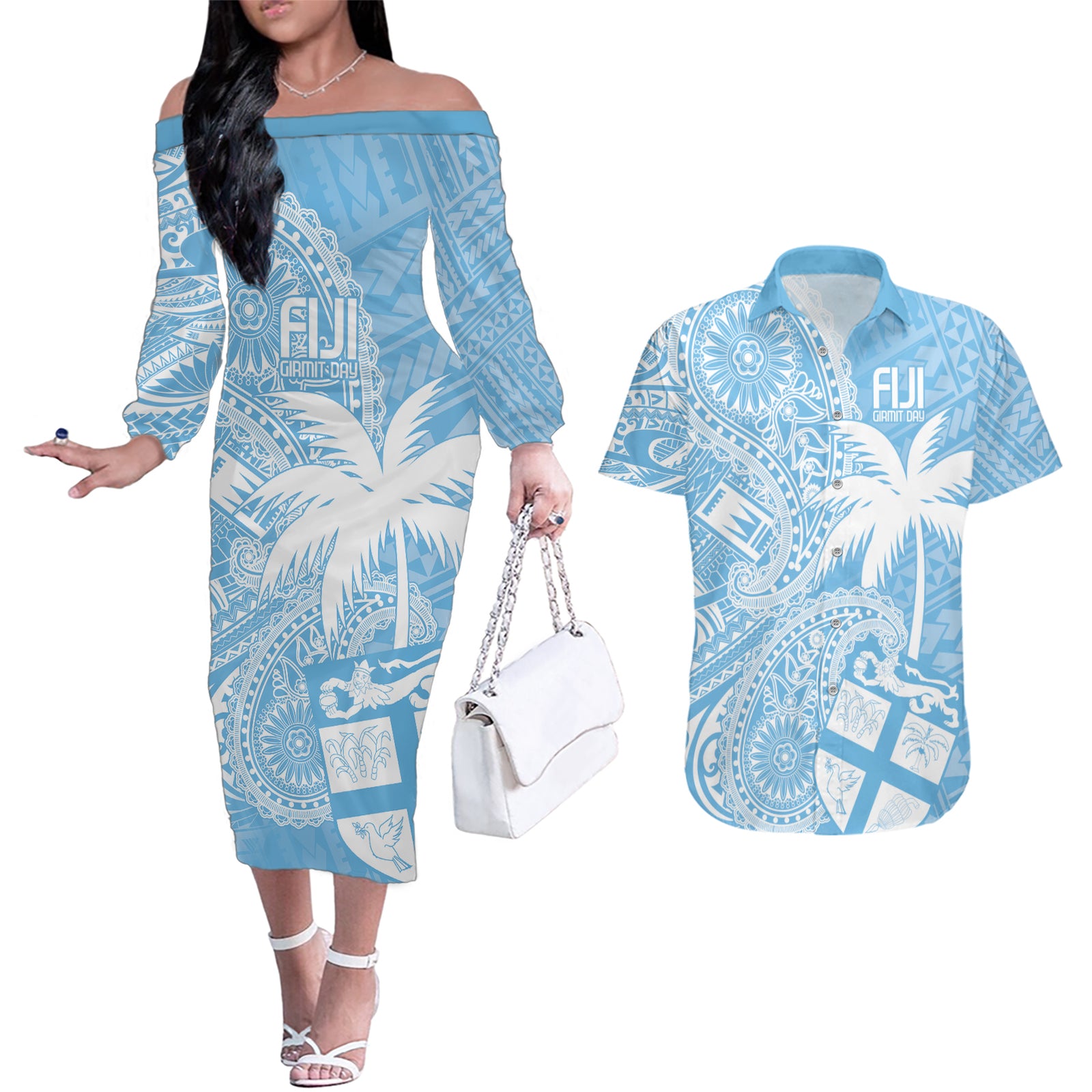 Custom Indo Fijians Couples Matching Off The Shoulder Long Sleeve Dress and Hawaiian Shirt Fiji ke Hindustani Polyneisan Paisley Blue Style LT9 Blue - Polynesian Pride
