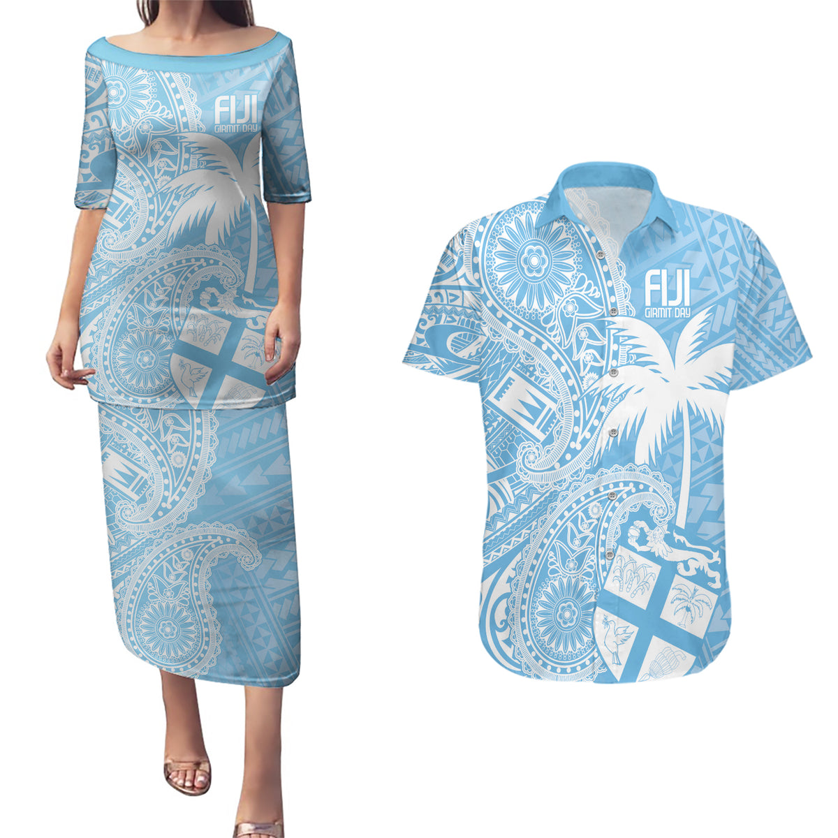 Custom Indo Fijians Couples Matching Puletasi and Hawaiian Shirt Fiji ke Hindustani Polyneisan Paisley Blue Style